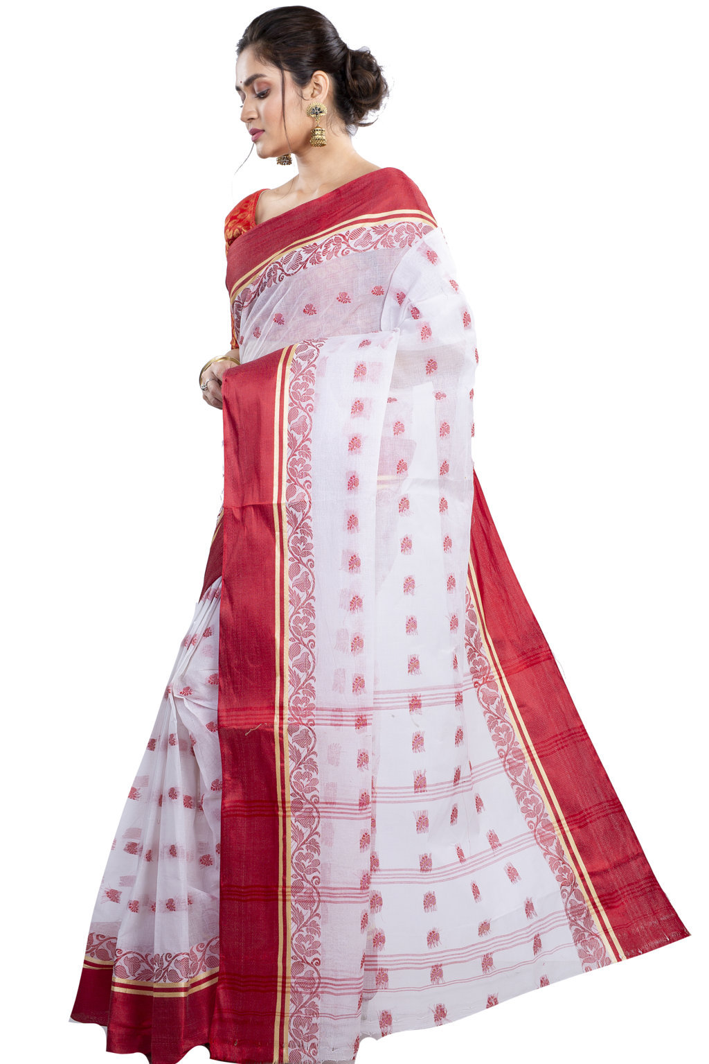 White Red Pure Cotton Sukla_Velvet Tant Saree (800)